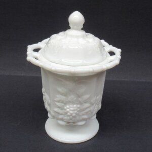 Westmoreland Milk Glass PANELED GRAPE 7 Inch High Lace Edge Sugar Bowl with Lid